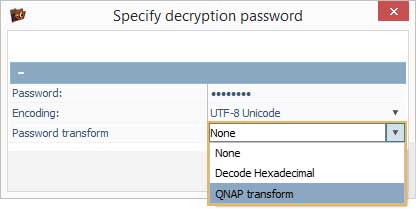 opción de transformación de qnap en lista desplegable del parámetro de transformación de contraseña en ufs explorer