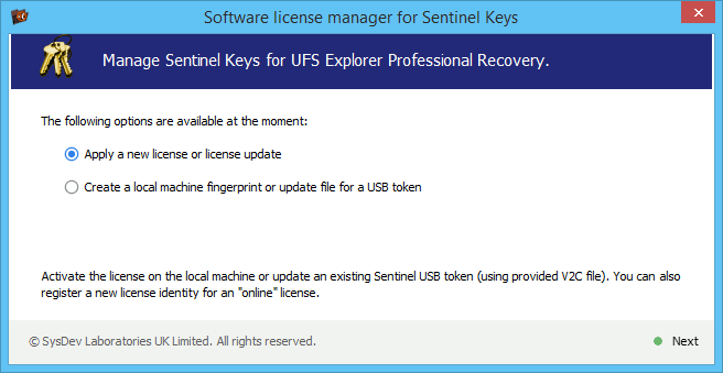 License manager for Sentinel Digital Licenses: main window in UFS Explorer